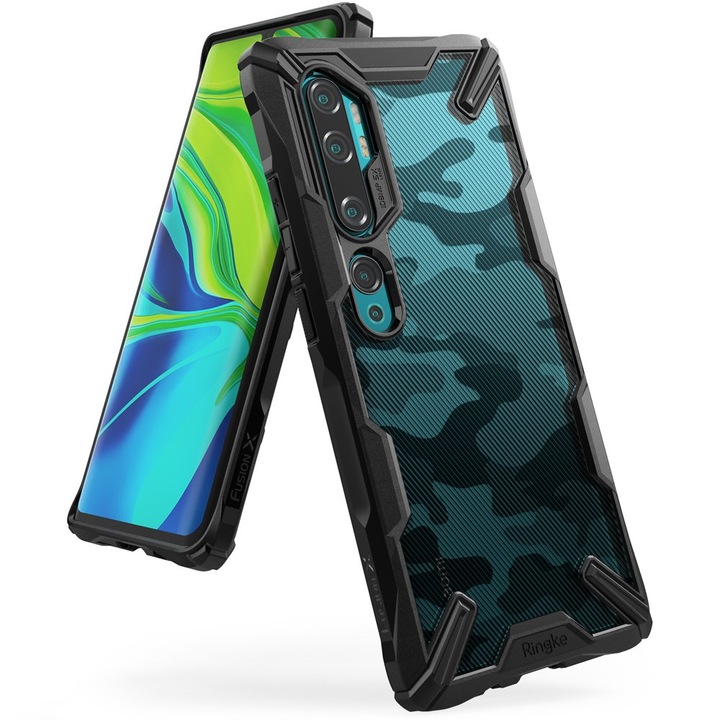 Противоударен Хибриден Калъф за Xiaomi Mi Note 10/Pro, Ringke Fusion X Camo Case, Черен
