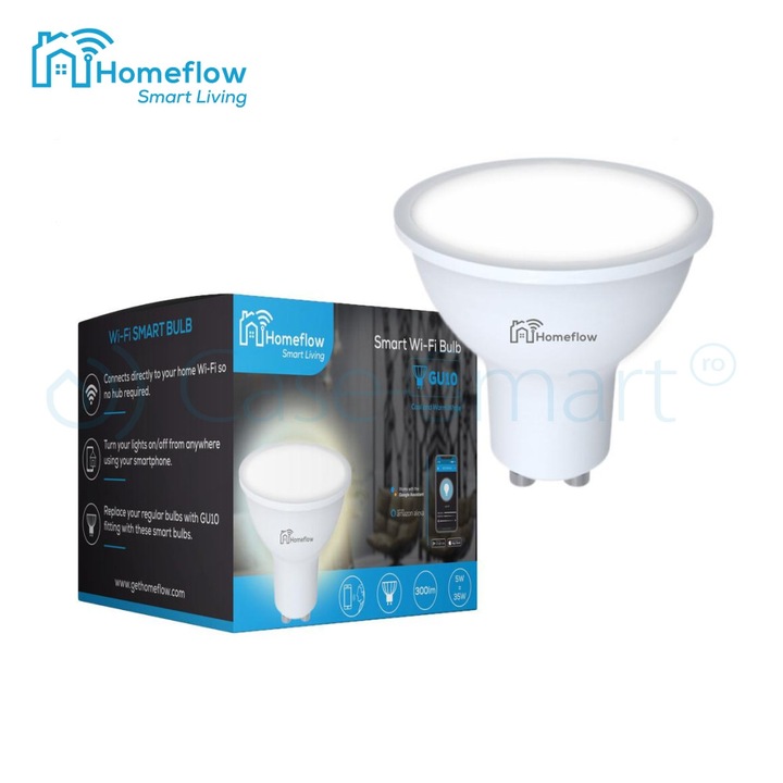 Bec LED Wireless Homeflow B-5002, GU10, 5W (35W), 300lm, dimabil, lumina calda/ rece, Control de pe telefonul mobil