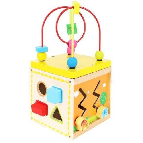 Cub Educativ din Lemn Natural, 5 in 1, CLOCK SORTER, 5 Moduri de Joaca, cu Sortator, Labirint, Ceas, Multicolor