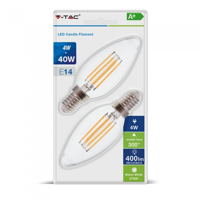 Bec LED V-TAC filament E14 lumanare - 4W, 400 lm, lumina calda, blister 2BUC