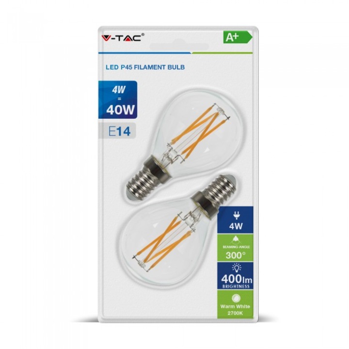 Bec LED V-TAC filament E14 P45 - 4W, 400 lm, lumina calda, blister 2BUC