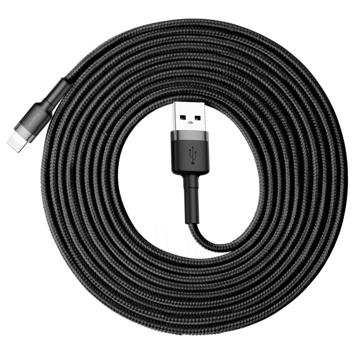 Cablu de incarcare Fast Charge 2A, Lightning la USB, pentru iPhone, iPod, iPad, 3 metri, Negru-Gri