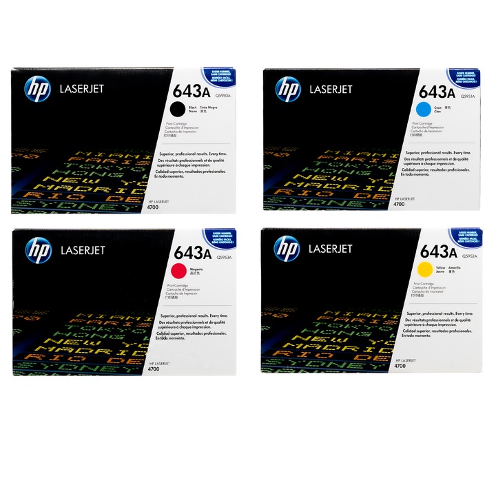 Pachet cartuse toner HP original (643A) Q5950A negru Q5951A cyan Q5952A galben Q5953A magenta 41000 pagini