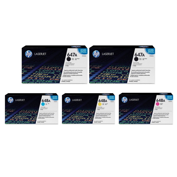 Pachet cartuse toner HP original CE260A (647A) negru x2 CE261A (648A) cyan CE262A (648A) galben CE263A (648A) magenta 50000 pagini