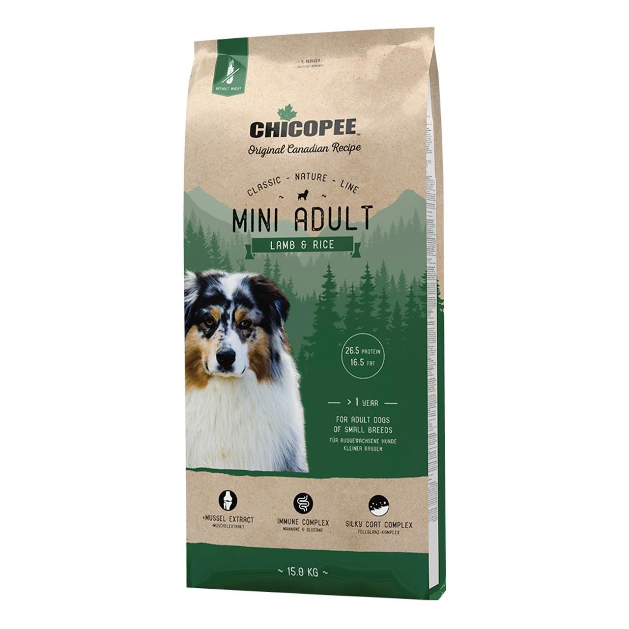 Hrna uscata pentru caini Chicopee Classic Line Nature Mini Adult 15 kg Miel si Orez