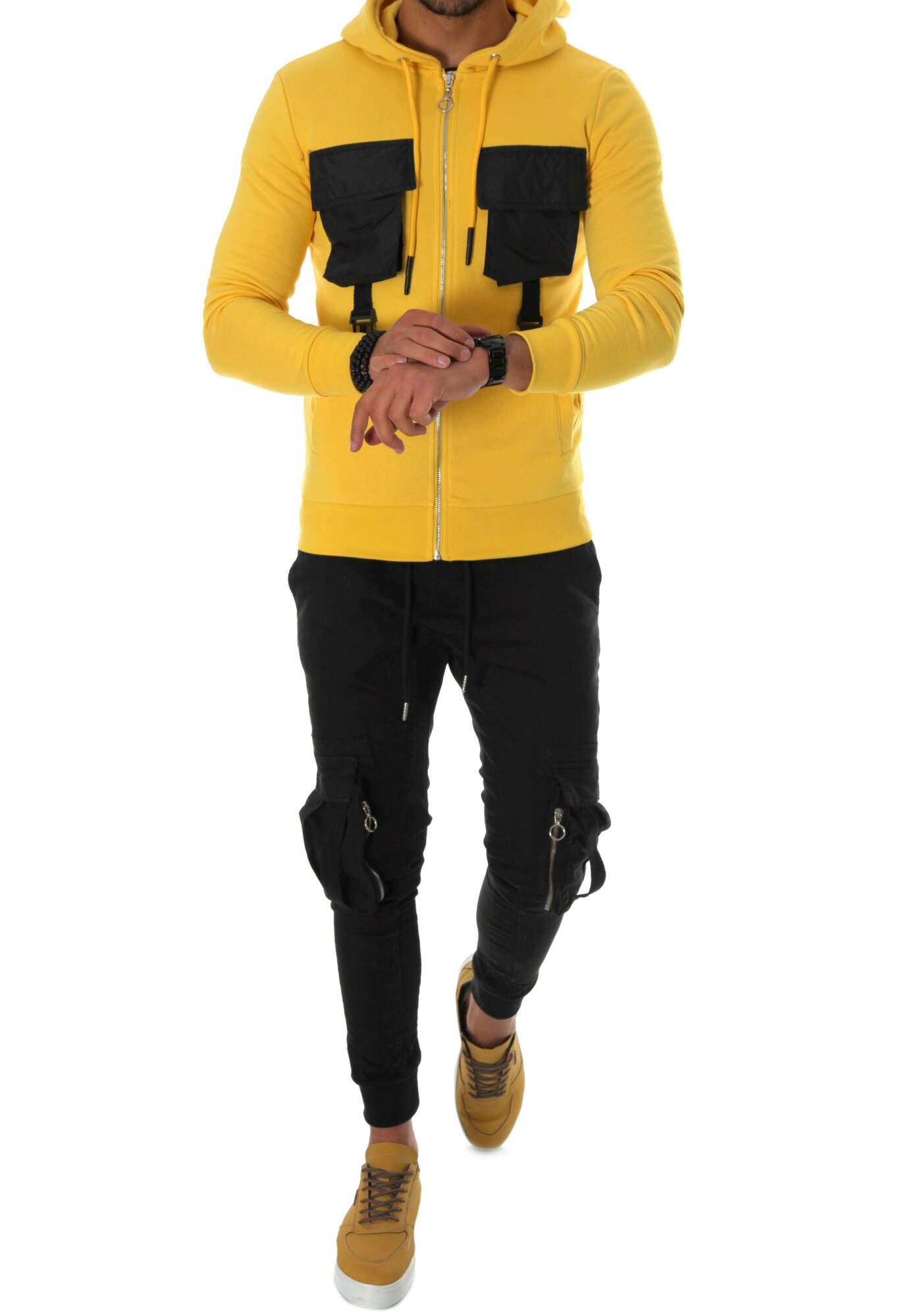 Hanorac cu fermoar, casual, Galben mustar, pentru barbati, model cu gluga, Galben Mustar
