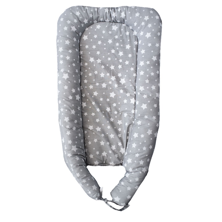 Pozitionator Baby Nest cu stelute, 0-6 luni, bumbac, Gri/Alb