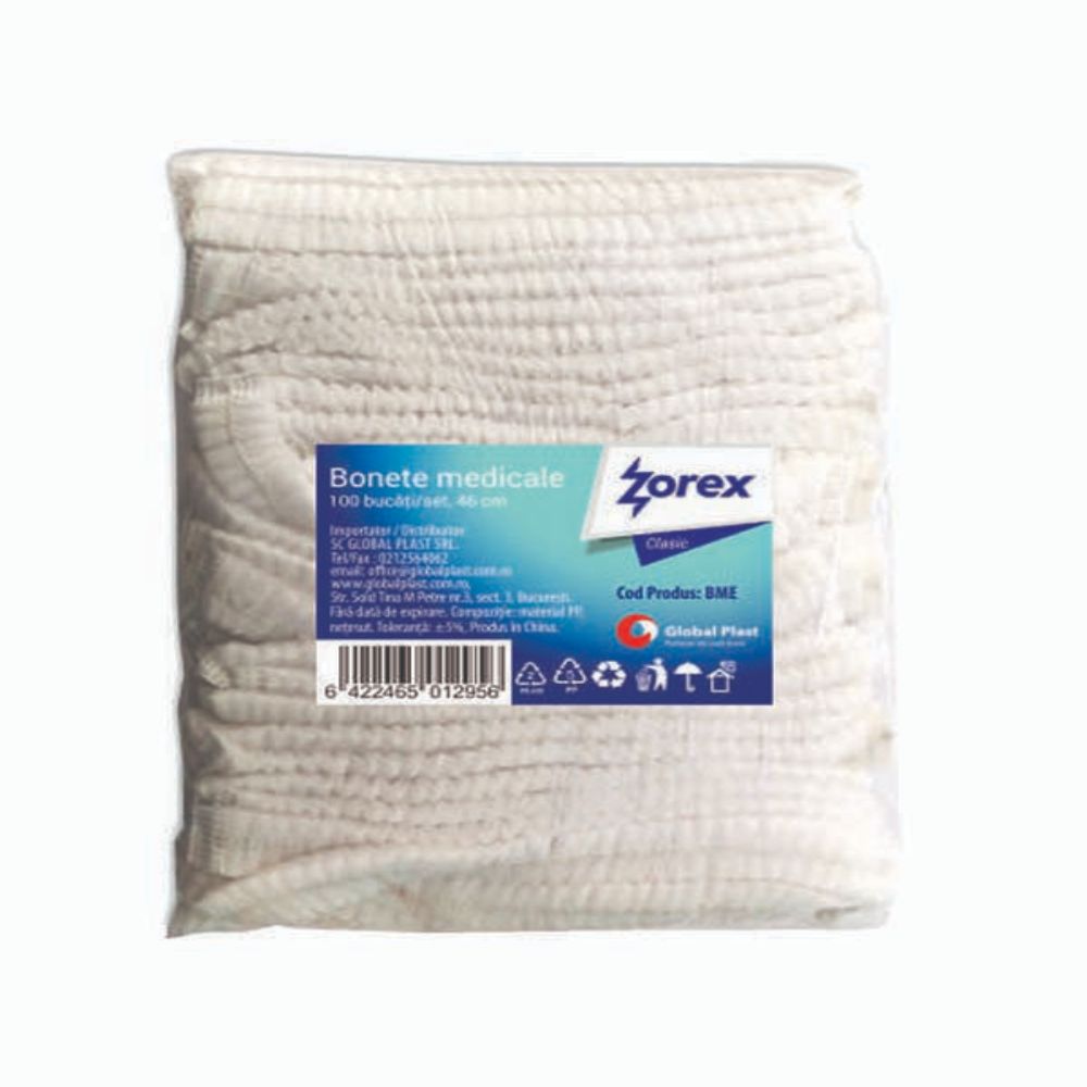 Set 100 Bonete cu Elastic Zorex Clasic, Albe, Diametru 46 cm
