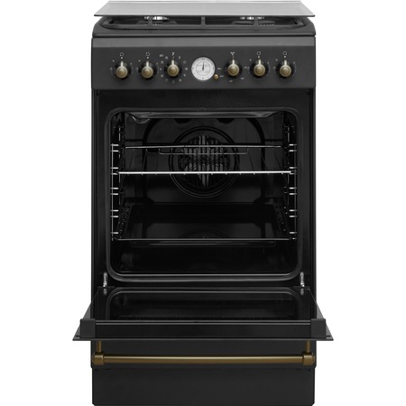 Aragaz rustic Indesit IS5G8MHA/E, Mixt, 4 arzatoare, Aprindere electrica, Gratar fonta, Cuptor electric, 68 , Autocuratare hidrolitica, 50 cm, Negru
