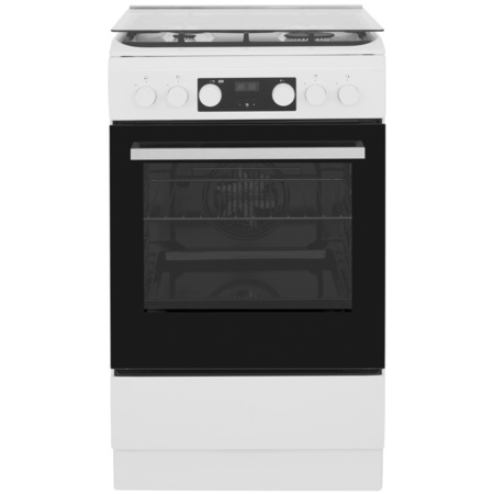 Aragaz Whirlpool WS5G8CHW/E, Mixt, 4 arzatoare, Gratar fonta, Aprindere electrica, Cuptor electric, 57 L, Autocuratare hidrolitica, 50 cm, Alb