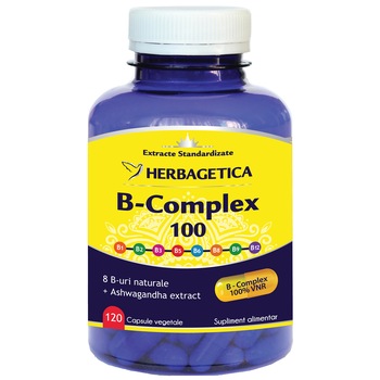 Supliment alimentar B-Complex 100 Herbagetica, 120 capsule Supliment alimentar B-Complex 100 Herbagetica, 120 capsule