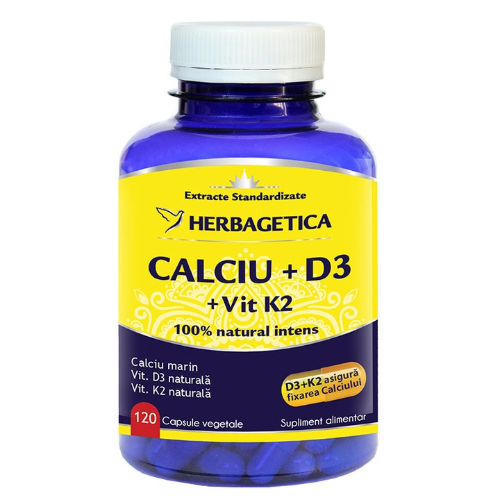 Калциева хранителна добавка с витамин D3 и билков витамин K2, 120 капсули