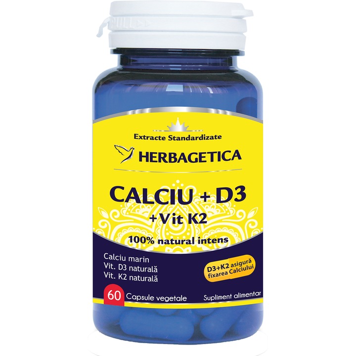 Калциева хранителна добавка с витамин D3 и билков витамин K2, 60 капсули