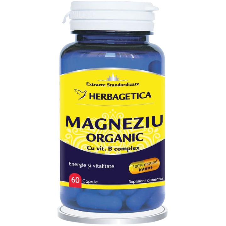 Хранителна добавка Органичен магнезий с витамин В комплекс Herbagetica, 60 капсули