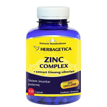 Supliment Alimentar Zinc Complex Herbagetica, 120 capsule Supliment Alimentar Zinc Complex Herbagetica, 120 capsule