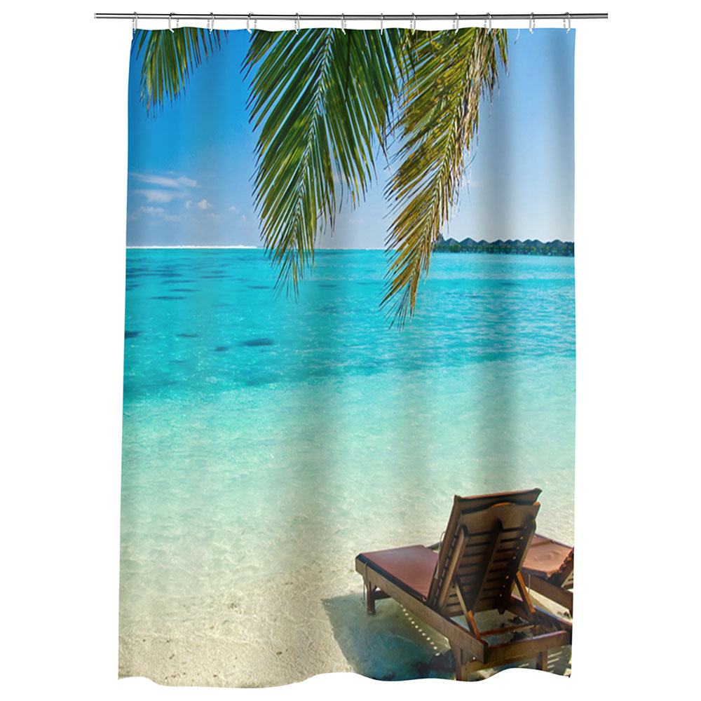 Perdea Dus, Cada, pentru Baie, Heartwork, Sezlonguri la ocean, Model Multicolor, Decoratiuni Baie, 150 x 200 cm