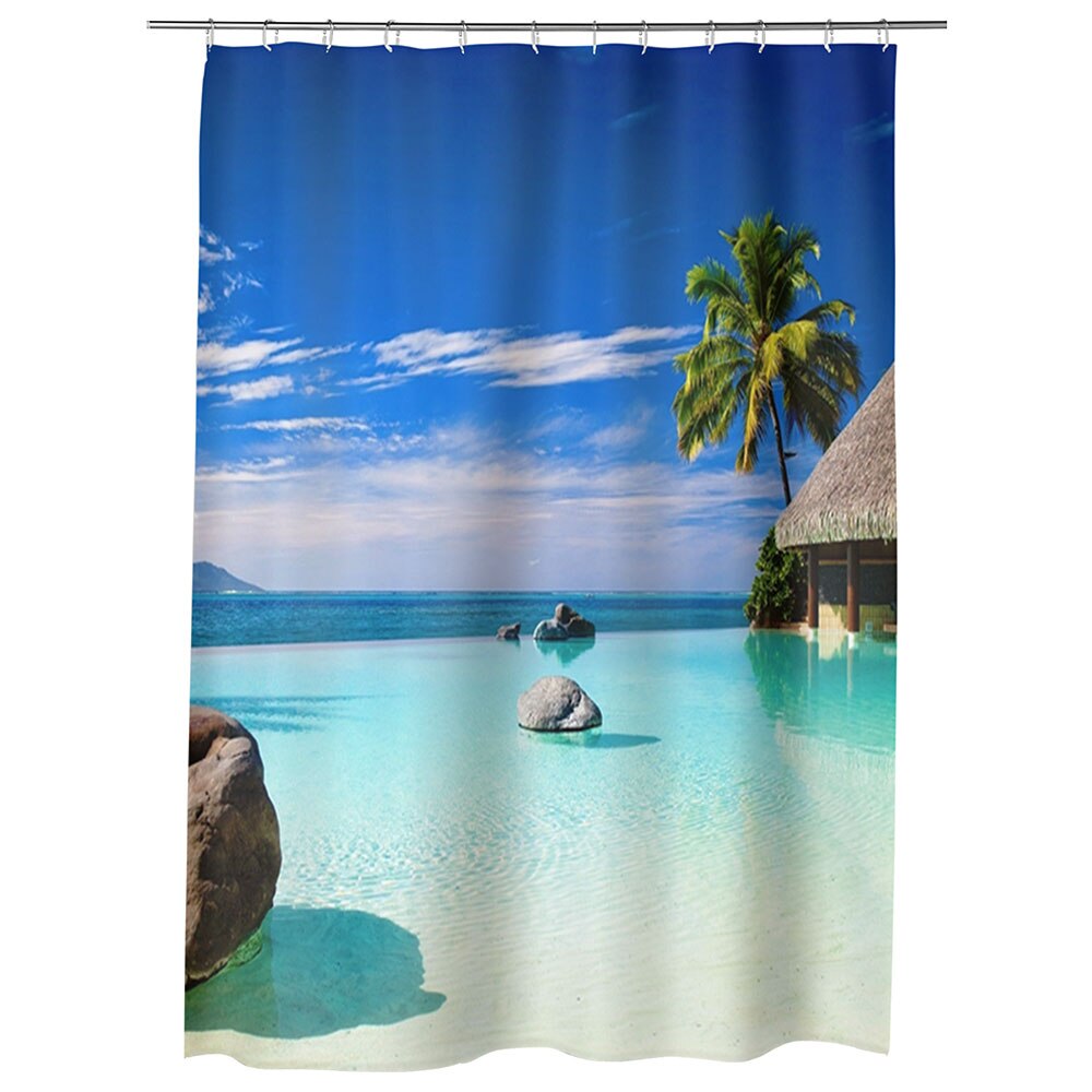 Perdea Dus, Cada, pentru Baie, Heartwork, Coliba pe mare, Model Multicolor, Decoratiuni Baie, 150 x 200 cm