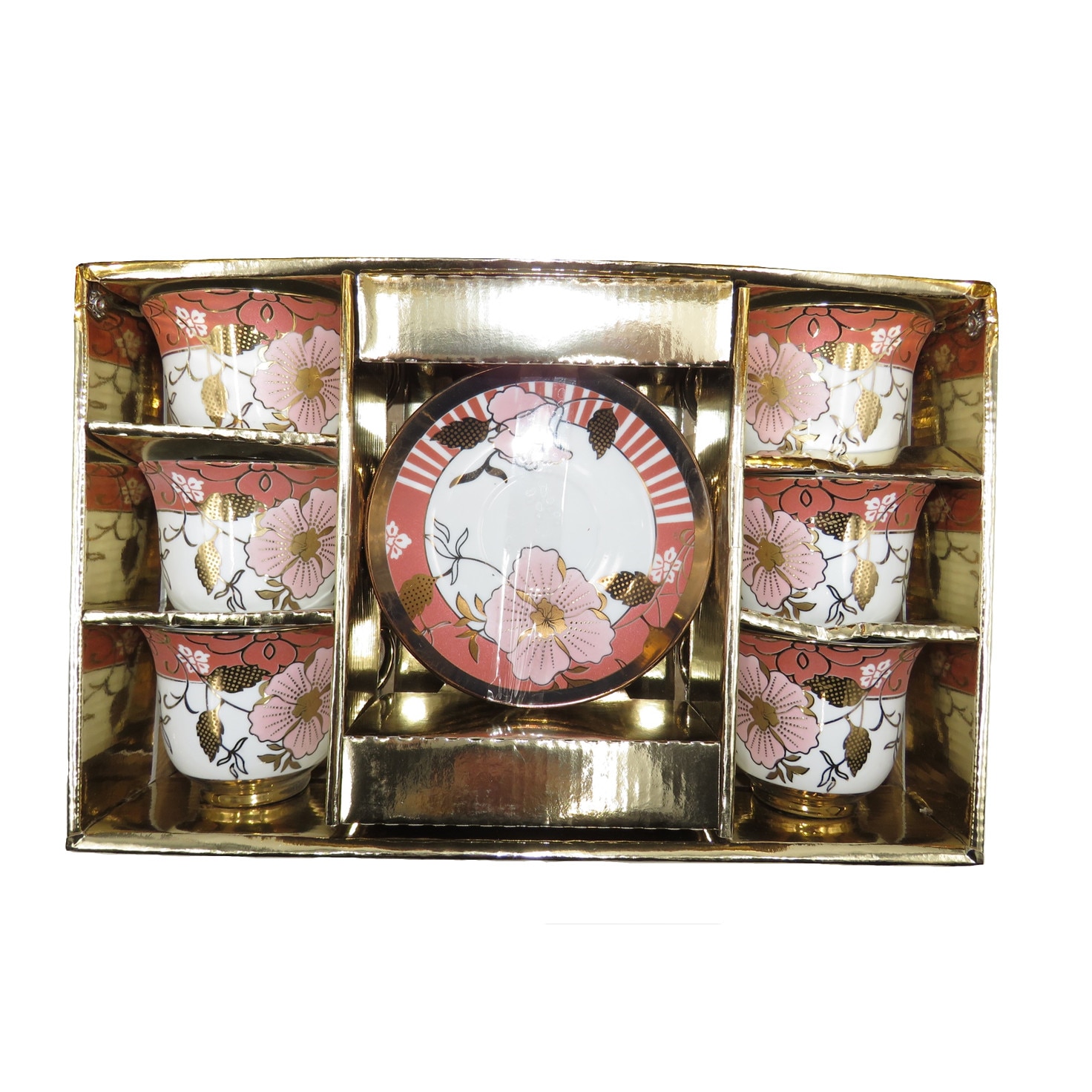 Set 6 cesti cafea cu farfurie, floral, 6 cm