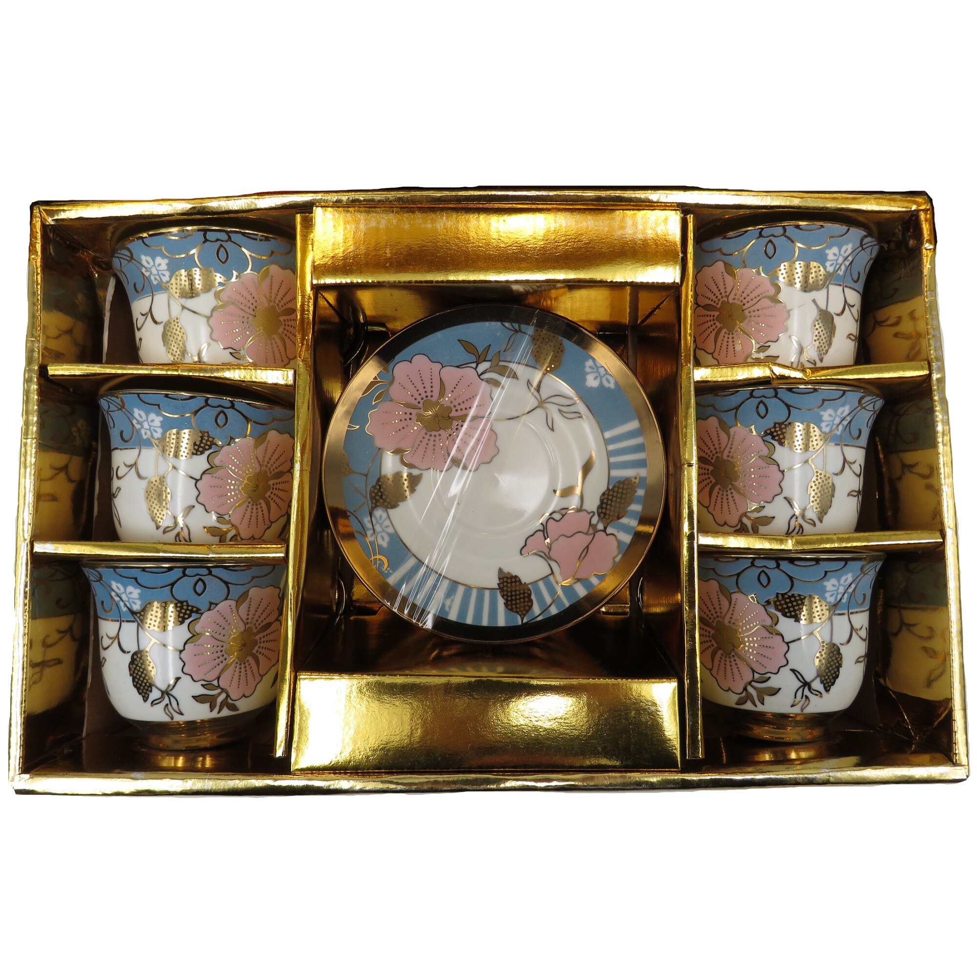 Set 6 cesti cafea cu farfurie, inflorate, 6 cm