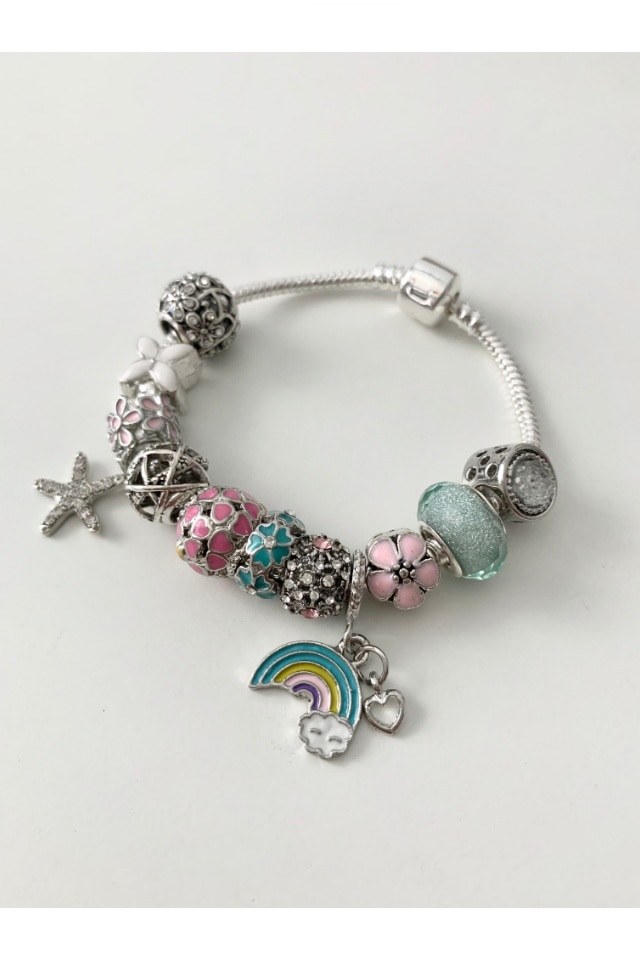 Bratara Channon metalica de culoare roz cu 12 charmuri, ideala martisor, aniversare, zi de nastere