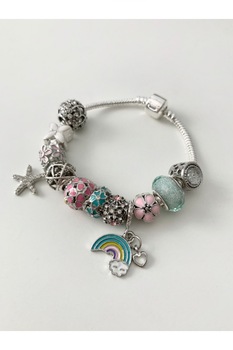 Bratara Channon metalica de culoare roz cu 12 charmuri, ideala martisor, aniversare, zi de nastere Bratara Channon metalica de culoare roz cu 12 charmuri, ideala martisor, aniversare, zi de nastere