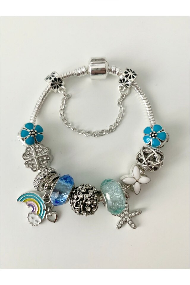 Bratara Heaven metalica de culoare bleu cu 12 charmuri, ideala martisor, aniversare, zi de nastere