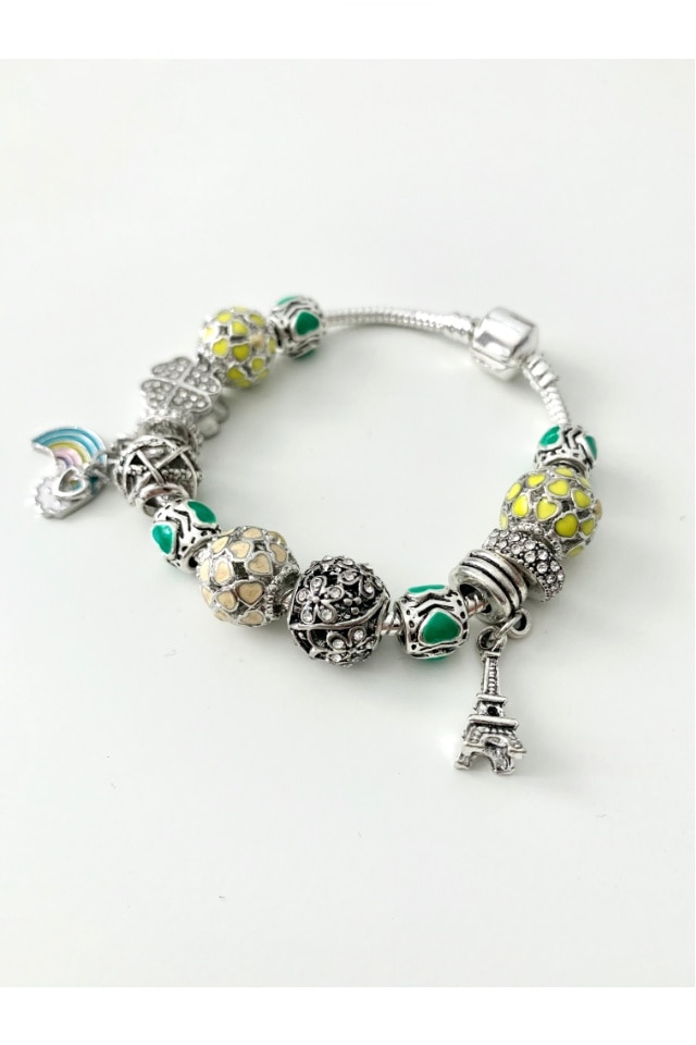 Bratara Rainbow metalica de culoare galbena cu 12 charmuri, ideala martisor, aniversare, zi de nastere