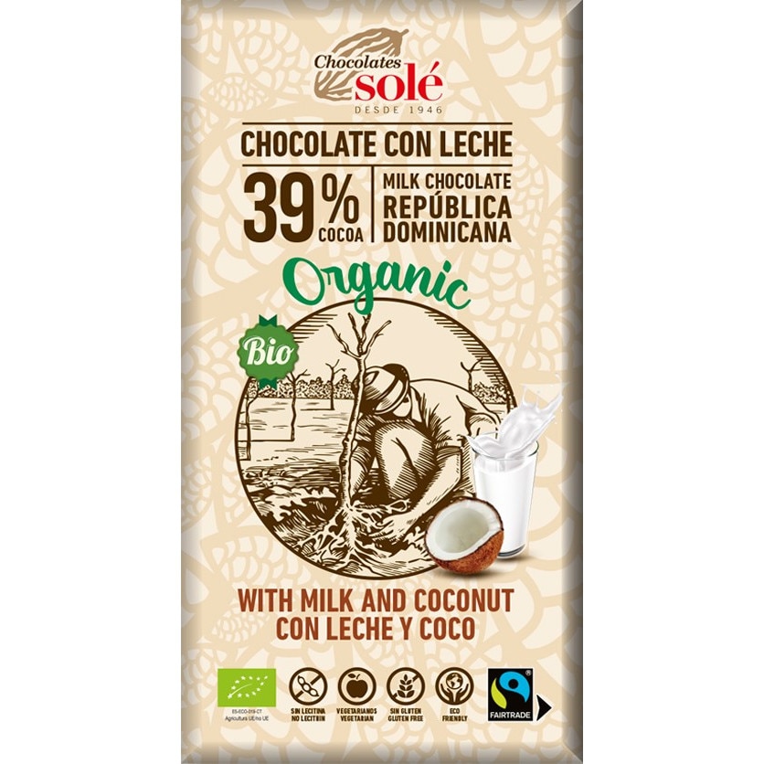 Ciocolata cu lapte si cocos BIO si Fairtrade, 100g Chocolates Sole
