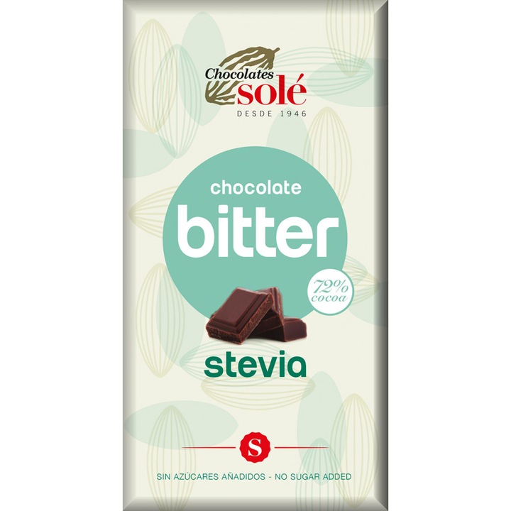 Ciocolata neagra cu stevie, minim 72% cacao, Chocolates Sole 100g