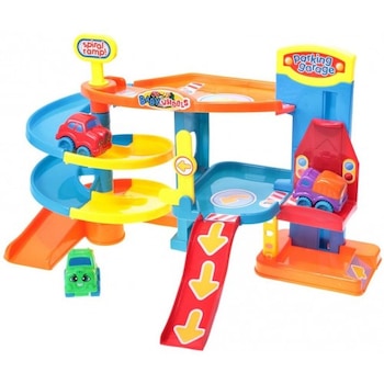 Set de joaca 2 in 1 pentru copii MalPlay Parcare si Garaj cu lift, 3 masini si tobogane, Multicolor Set de joaca 2 in 1 pentru copii MalPlay Parcare si Garaj cu lift, 3 masini si tobogane, Multicolor