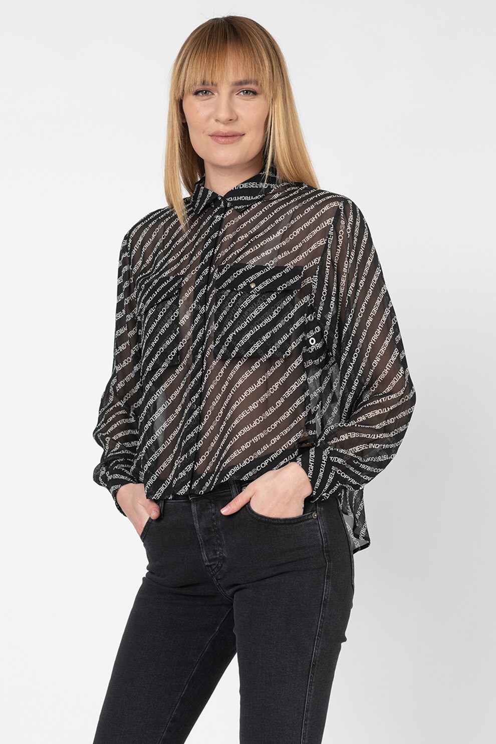 Diesel, Camasa transparenta cu model logo Superior, Negru/Gri, S