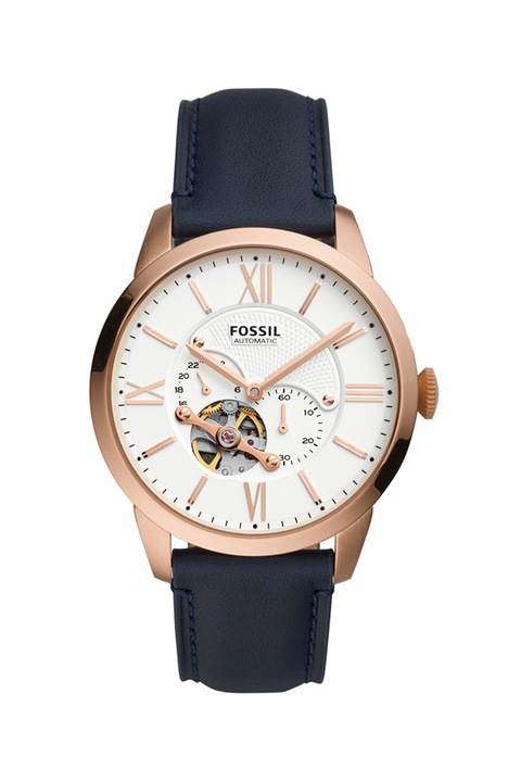 Fossil, Ceas automatic cu o curea de piele, Bleumarin/Auriu rose
