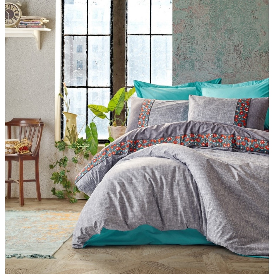 Lenjerie pat dublu bumbac 100% ranforce cu broderii, 4 piese, Cotton Box, Folk Art Grey