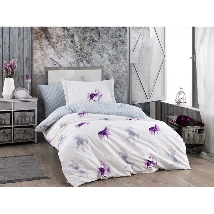 Ágynemű 1 személyes pamut 100% poplin, Hobby Home, Unicorn Mia - Damson