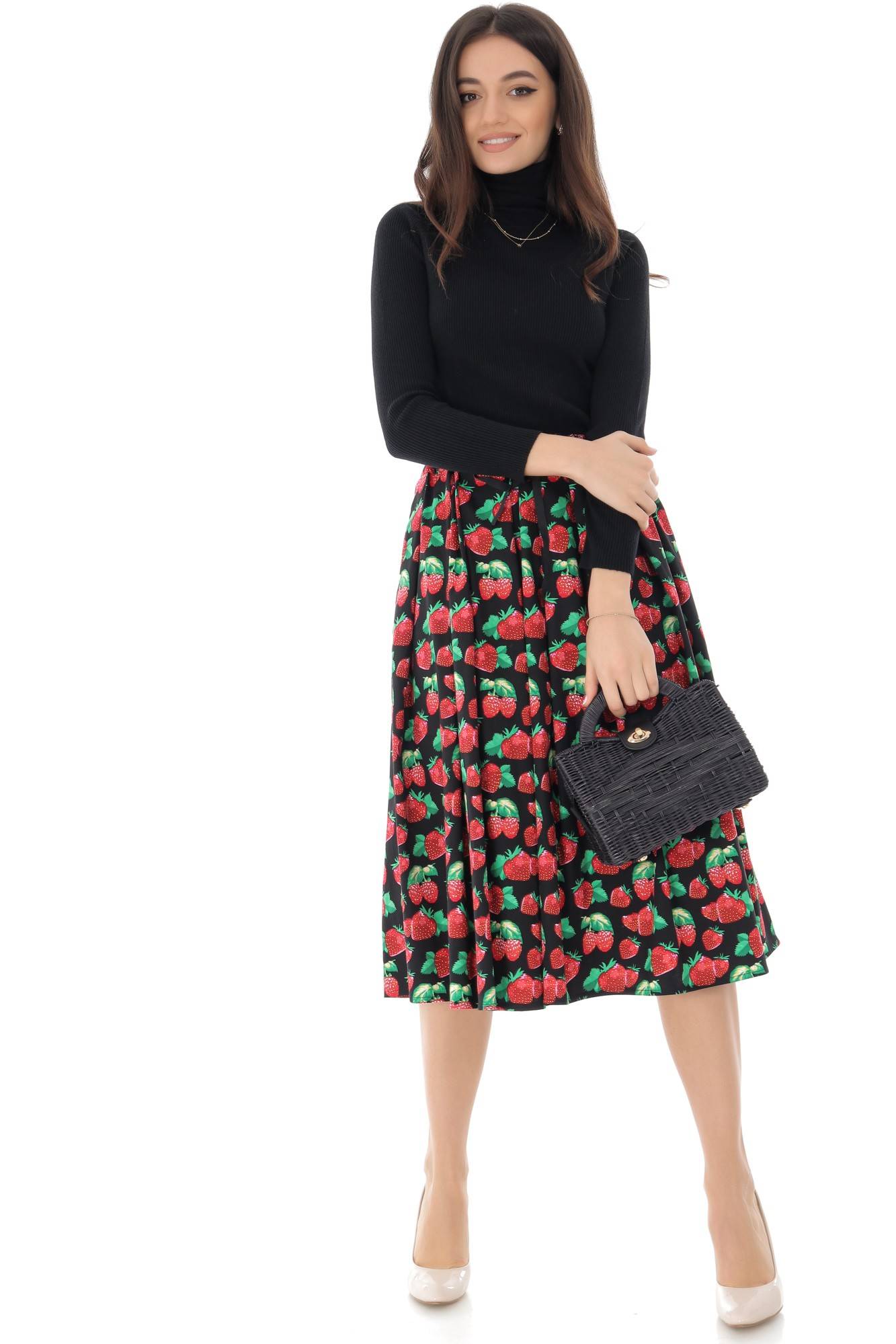 Fusta midi, plisata, cu imprimeu capsuni - ROH - FR471, M