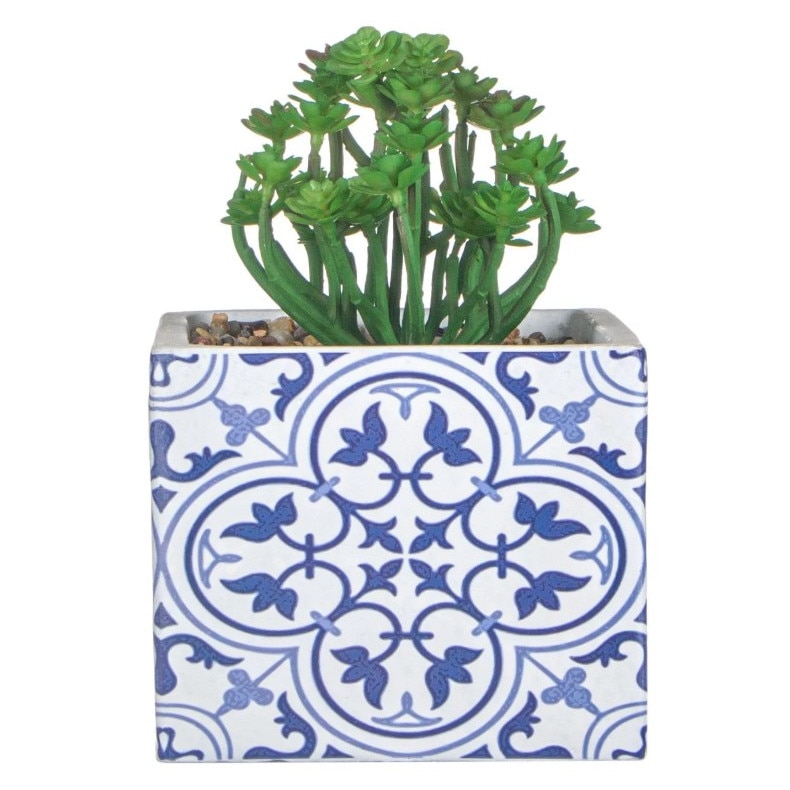 Ghiveci ceramica, Zola®, cu model albastru si planta verde, 13x13x11 cm