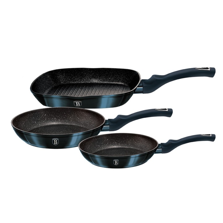 Set tigai marmorate Aquamarine Metalic Line Berlinger Haus BH 6140, cu tigaie grill 28 cm, tigai rotunde 20 si 24 cm, antiaderente
