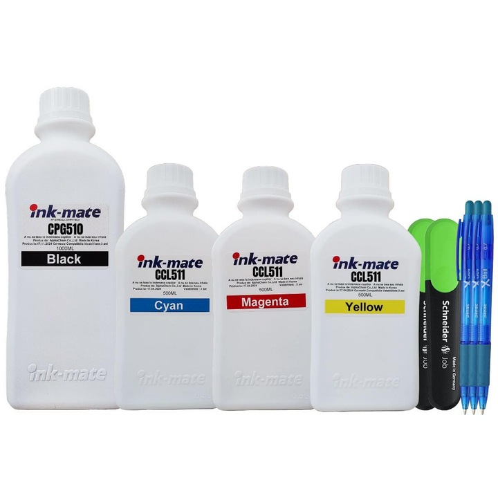 Set Flacon Cerneala Compatibil Canon 1x1000ml PG-510 Negru, 1x500ml CL-511 Cyan, 1x500ml CL-511 Magenta, 1x500ml CL-511 Yellow, 3xPix XBall, 2x Textmarker Schneider