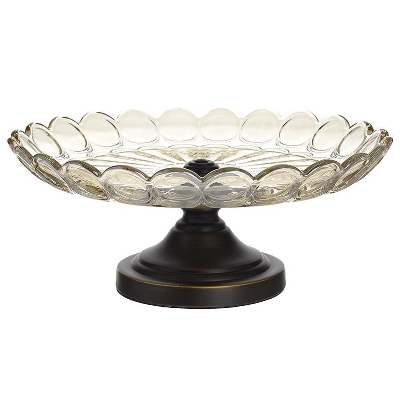 Platou Bronze Amber din sticla cu picior metalic 36 cm x 36 cm x 17 cm