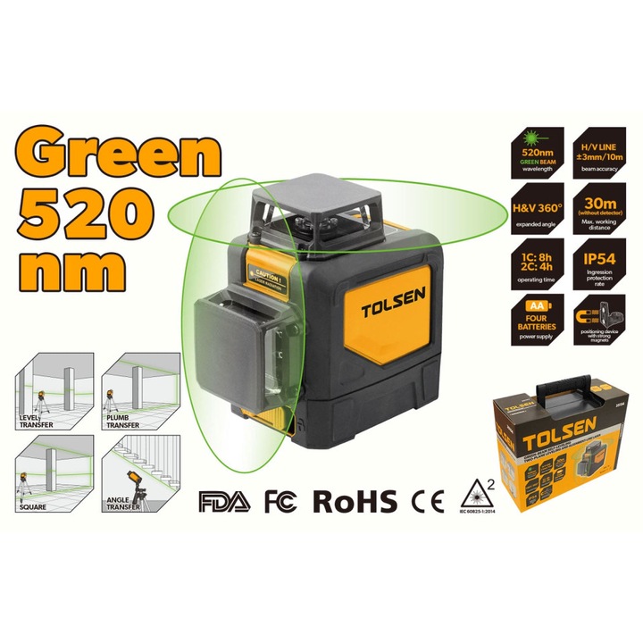 Nivela laser 2 planuri TOLSEN Industrial 360° autonivelanta, fascicul verde Osram 520nm, precizie ±0.3mm/m, raza 30m, IP54, mod manual, alimentare 4xAA, pentru aliniere si nivelare precisa