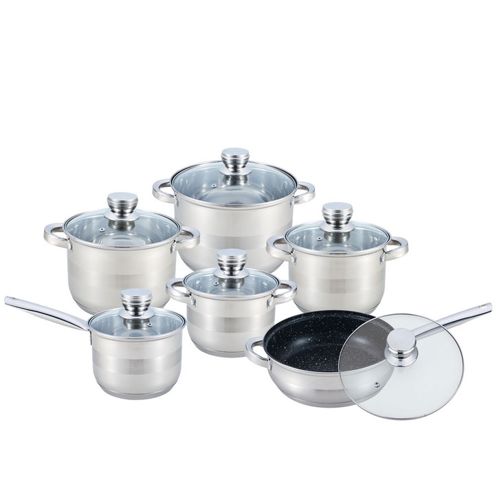 Комплект тенджери и тиган с мраморно покритие ZEPHYR ZP 1210 LI12M, 12 части, Индукция, Инокс