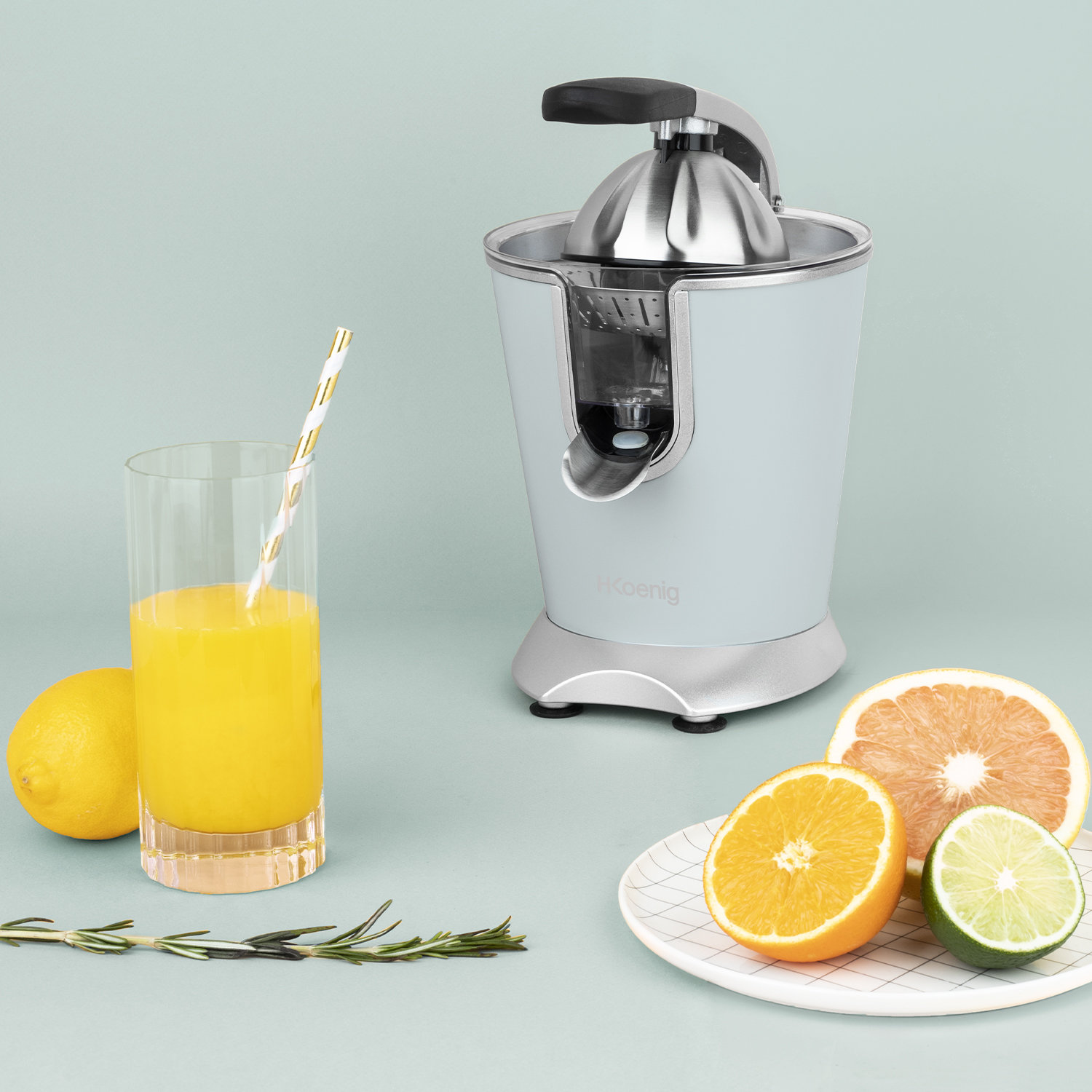 Presa electrica citrice, H.Koenig AGR86, BPA free, silentios, sistem anti-picurare, accesorii lavabile la masina,160 W, efect mat, bleu pastel