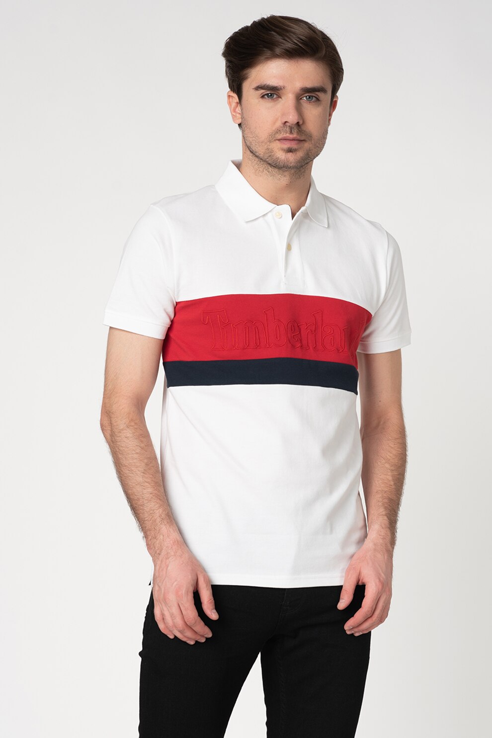 Timberland, Tricou polo slim fit din bumbac organic, Alb/Rosu/Bleumarin