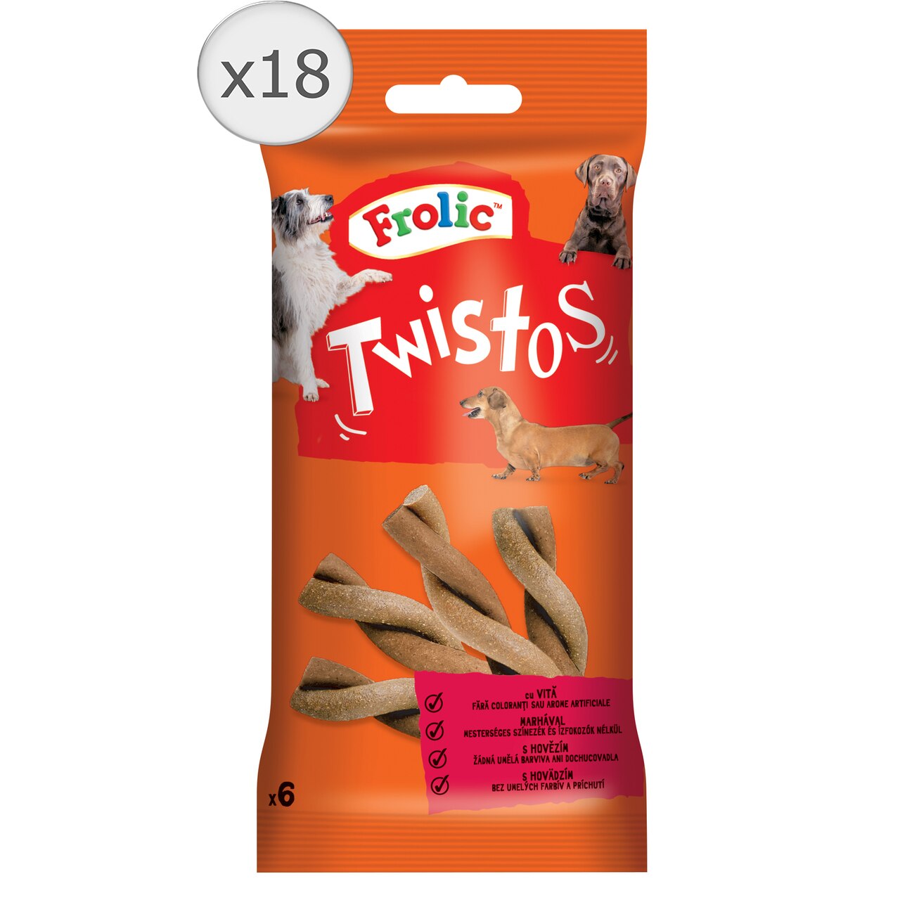 Recompense pentru caini Frolic Twistos, Vita, 18 plicuri x 105g (6 buc)