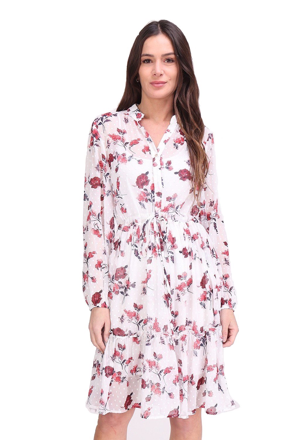 Rochie alba cu imprimeu floral, Alb/Rosu
