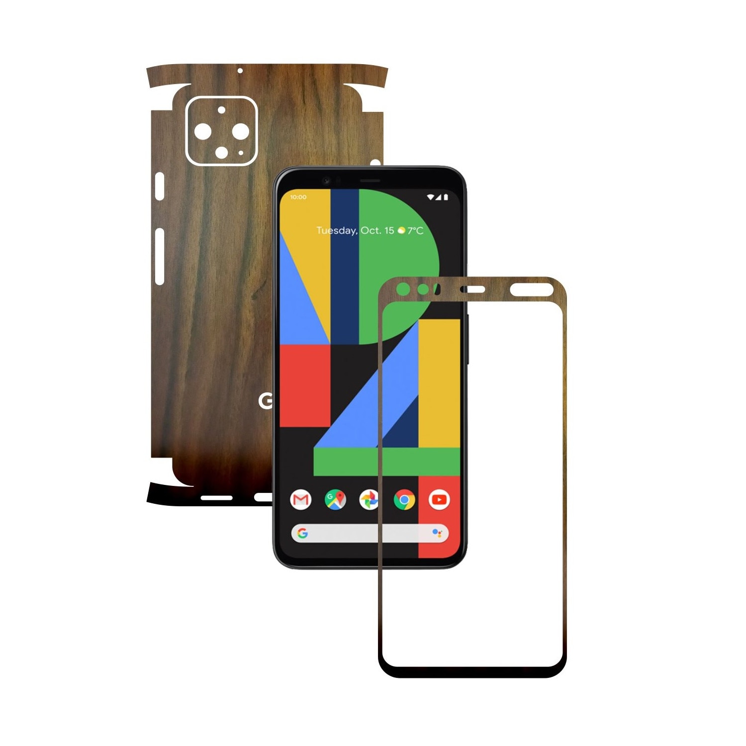 Folie Protectie Carbon Skinz pentru Google Pixel 4 - Lemn Nuc 360 Cut, Skin Adeziv Full Body Cover pentru Rama Ecran, Carcasa Spate si Laterale