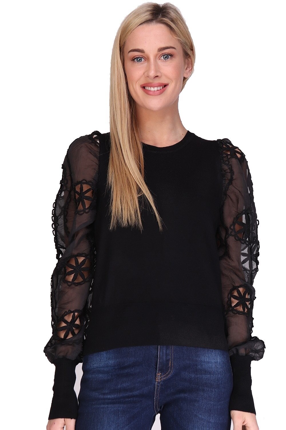 Pulover negru cu manecile din tul si broderie, Negru, L-XL