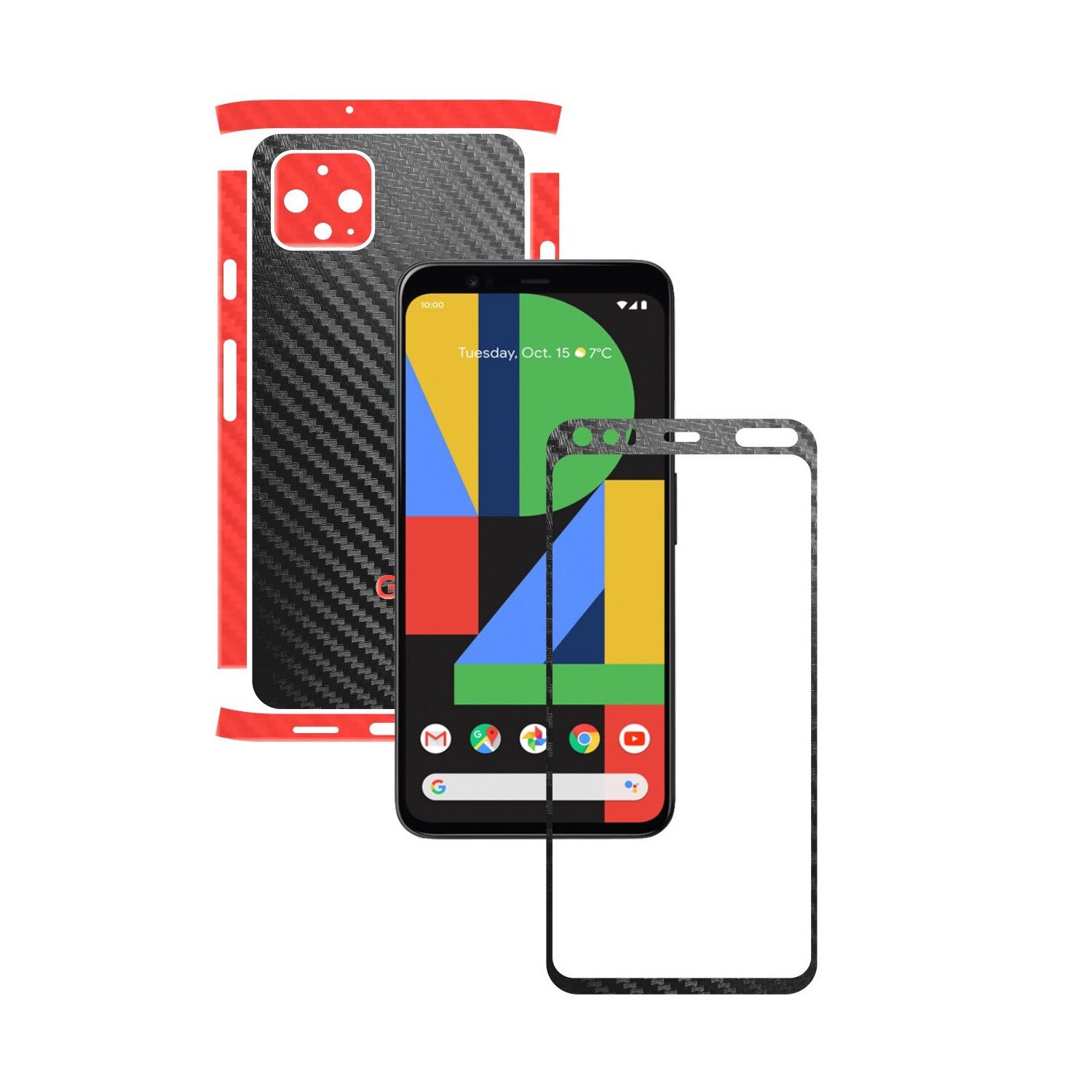 Folie Protectie Carbon Skinz pentru Google Pixel 4 - Carbon Two Tone Negru / Rosu, Skin Adeziv Full Body Cover pentru Rama Ecran, Carcasa Spate si Laterale