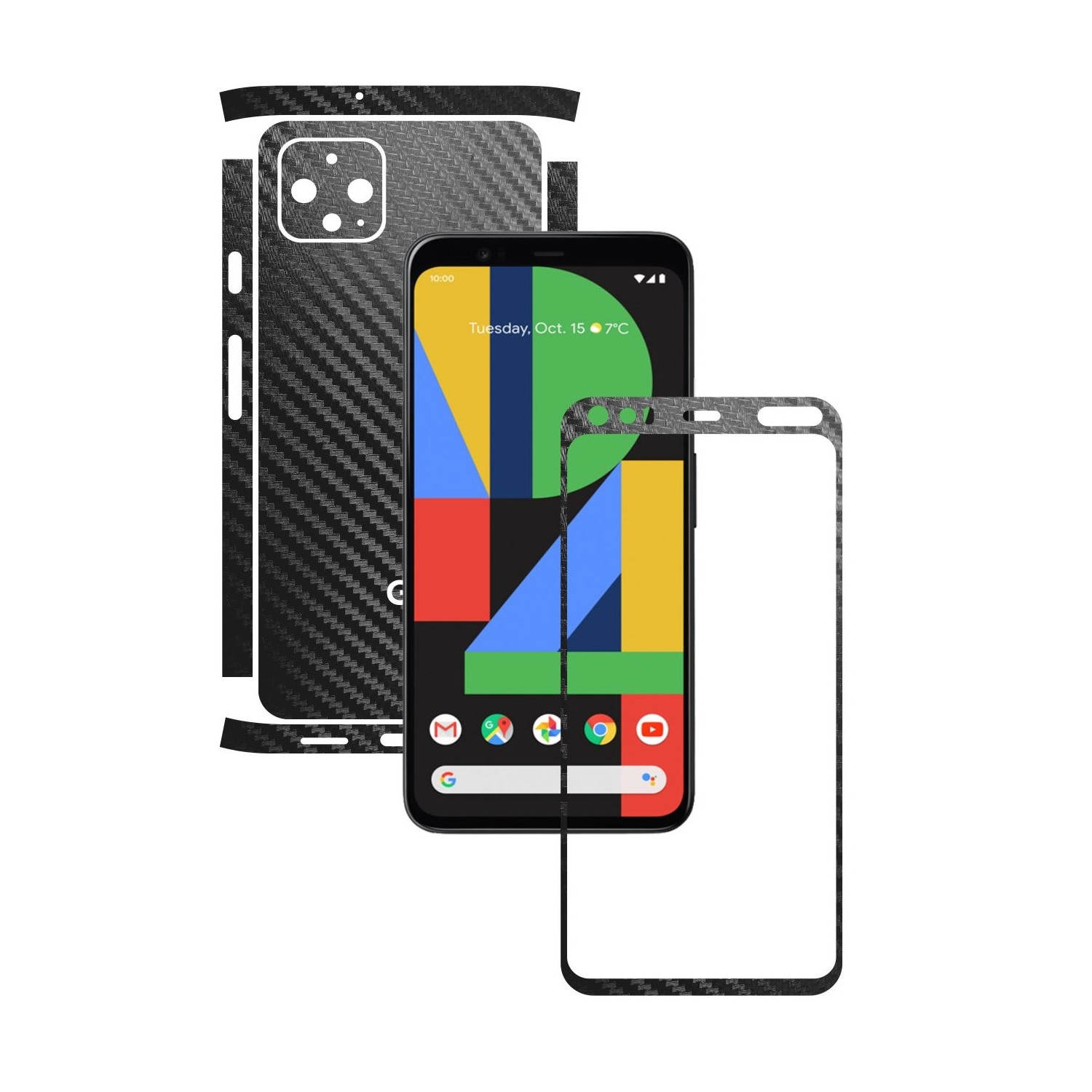 Folie Protectie Carbon Skinz pentru Google Pixel 4 XL - Carbon Negru Split Cut, Skin Adeziv Full Body Cover pentru Rama Ecran, Carcasa Spate si Laterale