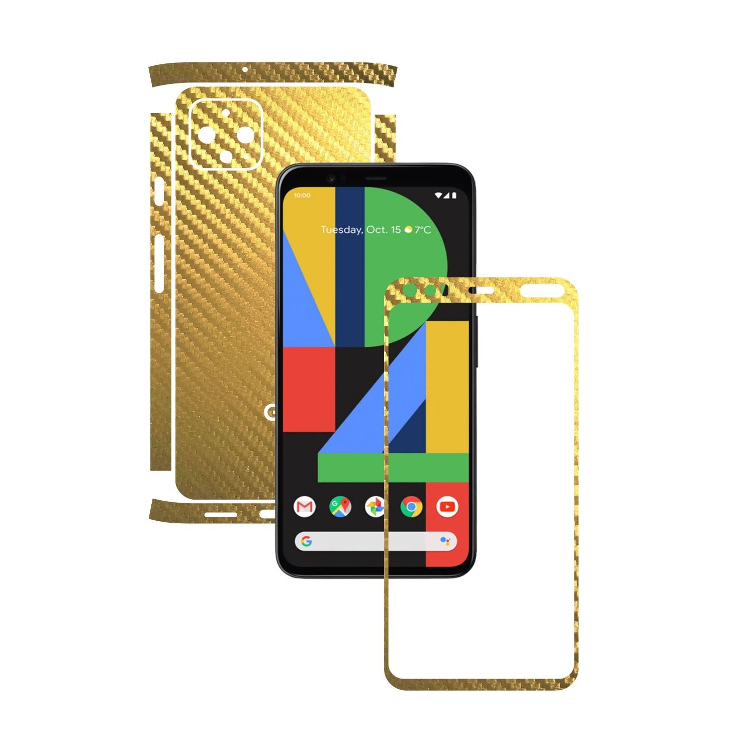 Folie Protectie Carbon Skinz pentru Google Pixel 4 - Carbon Auriu Split Cut, Skin Adeziv Full Body Cover pentru Rama Ecran, Carcasa Spate si Laterale